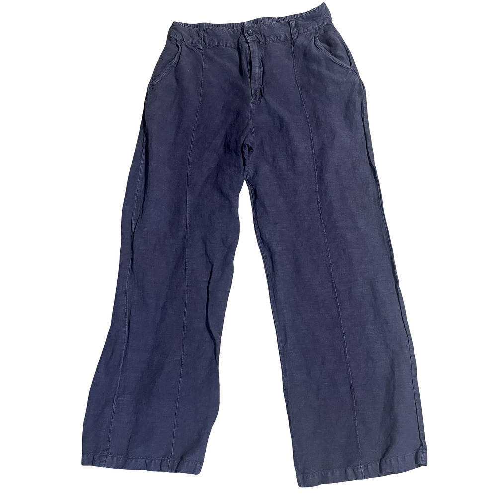 YFB Pants Womens Large Blue Linen Blend Wide Leg Elastic Waist Casual Flowy